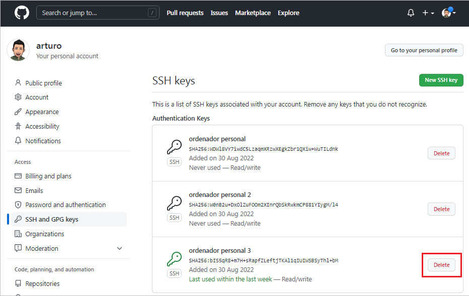 github-list-ssh-keys
