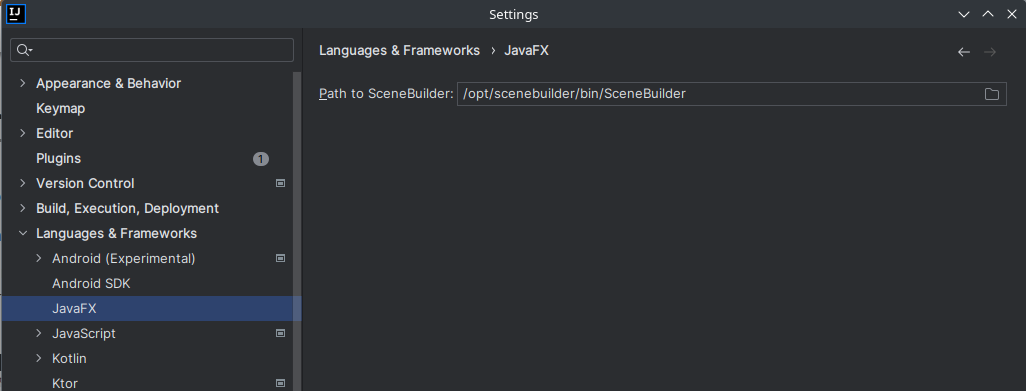 Path del SceneBuilder en IntelliJ